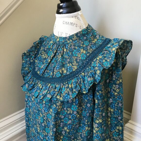 Banjanan Floral Print Blouse Top Shirt Womens Small Green Floral Long Sleeve - Picture 9 of 13